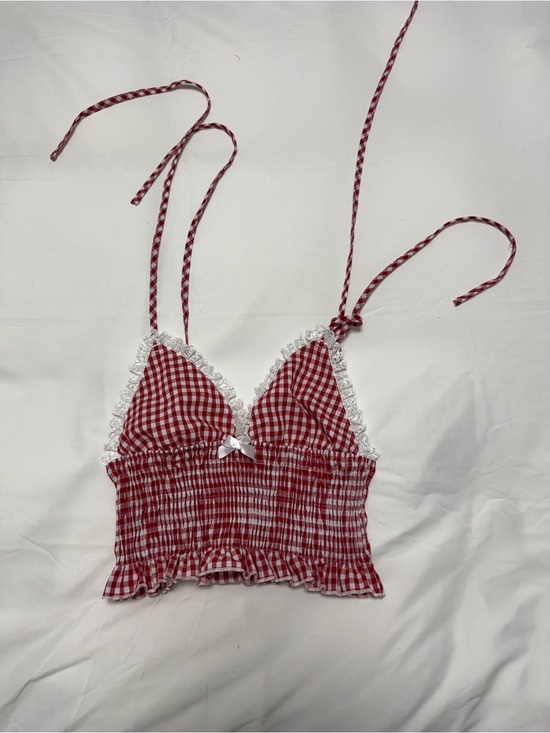 Unbranded Tops - Red and White Gingham Lace Trim Tie-Strap Crop Top